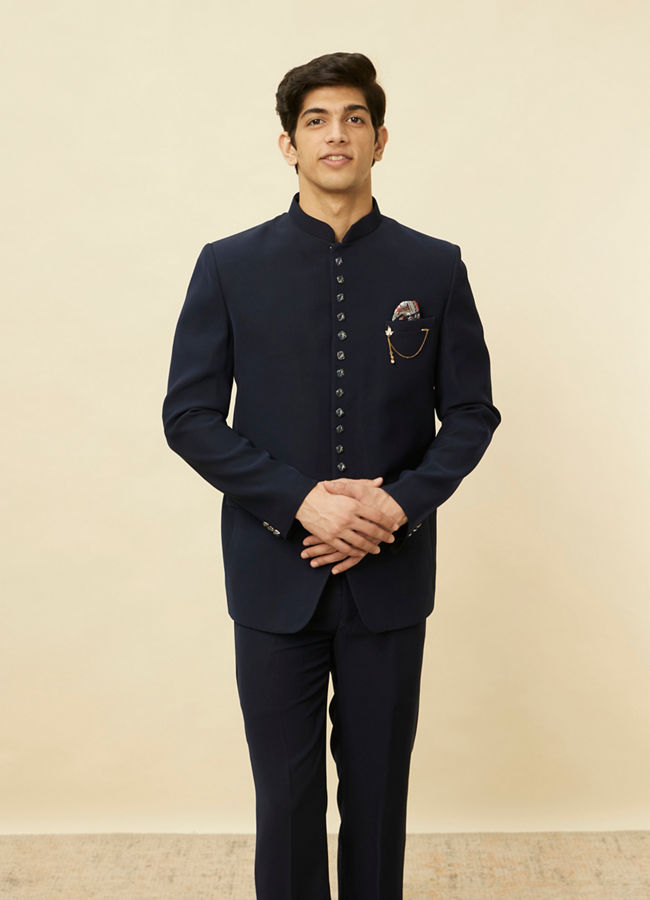 alt message - Manyavar Men Dark Sapphire Blue Classic Jodhpuri Suit image number 0